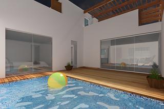 Terraza interior con piscina y piso madera deck